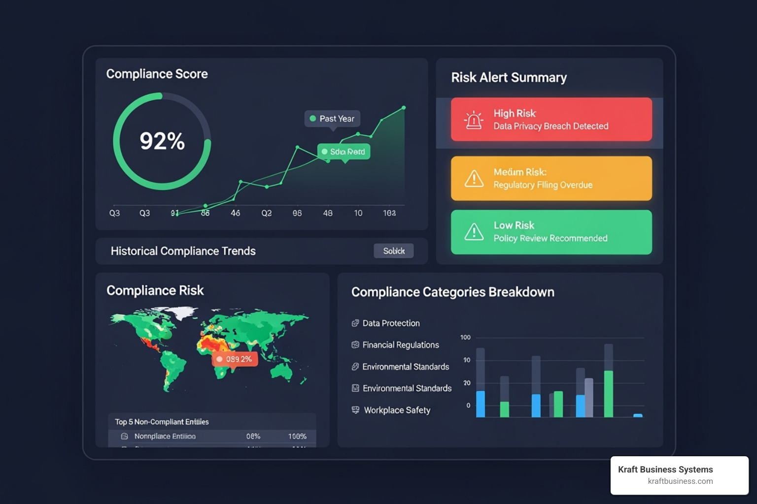 A dashboard showing compliance metrics and risk alerts - compliance advisory services