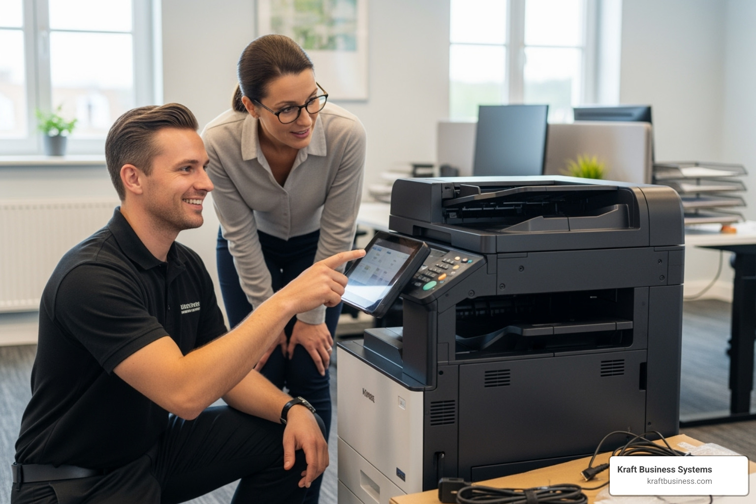 A friendly technician assisting a client with a copier setup - office equipment rental service