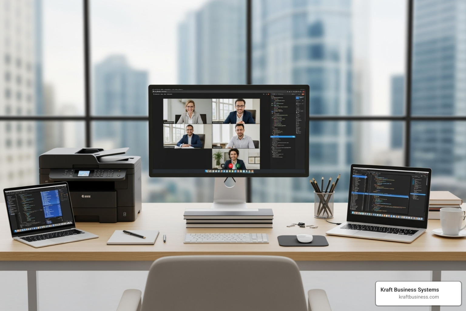 A collection of office equipment including a multifunction printer, laptops, and a video conferencing screen - office equipment rental service