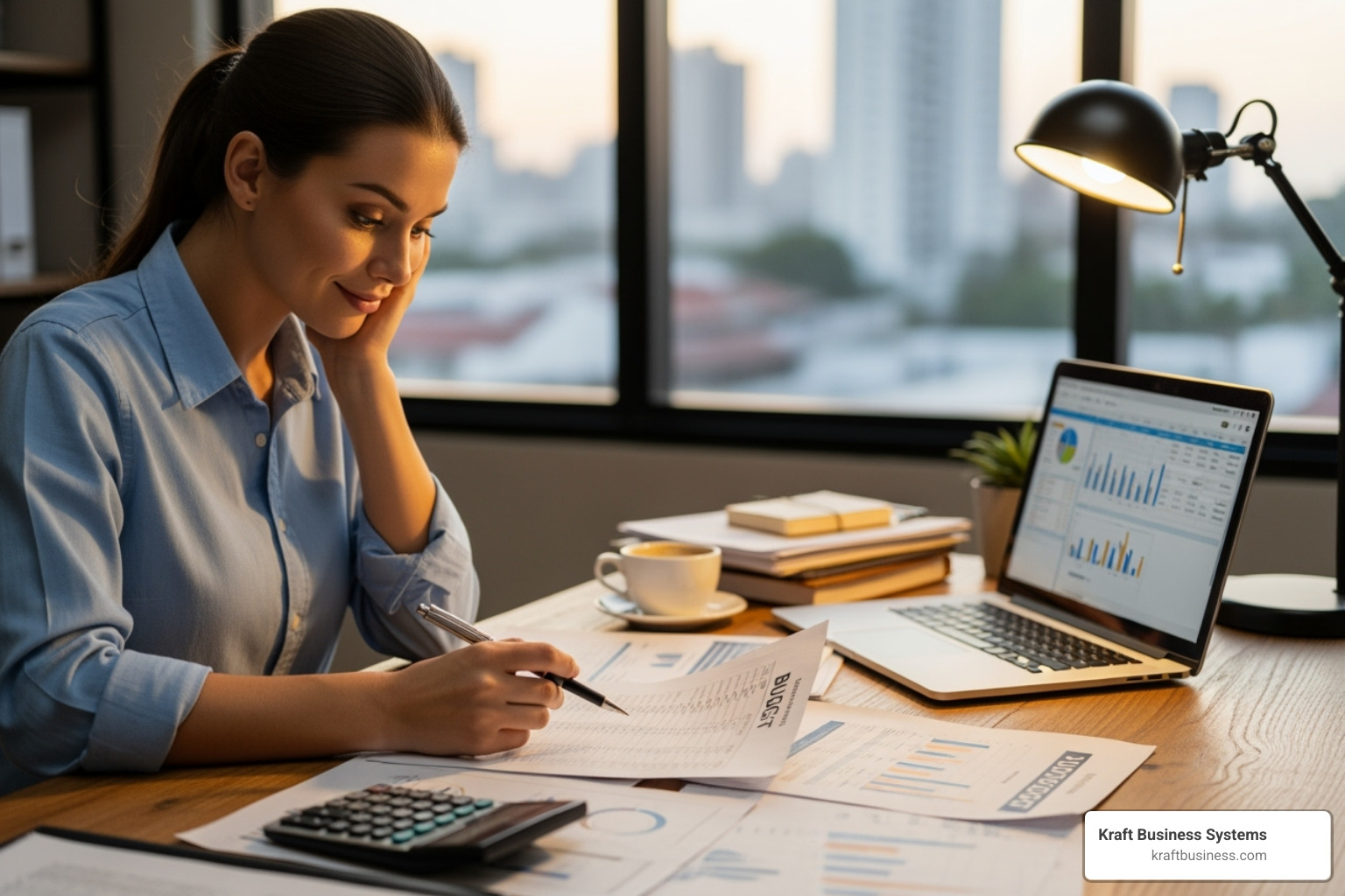 A business owner looking relieved while reviewing a budget - office equipment rental service
