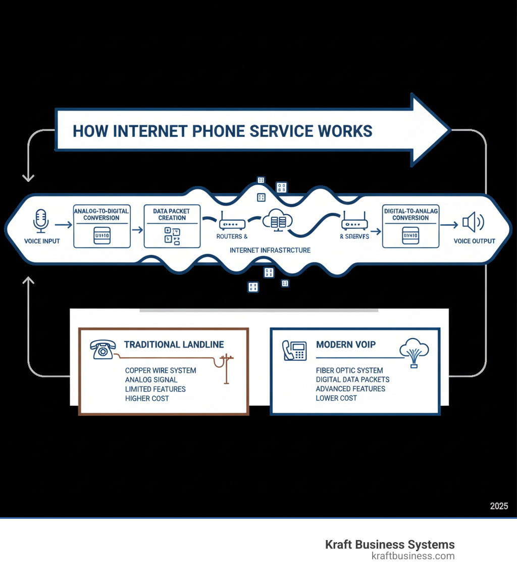 Comprehensive infographic showing how internet phone service works: voice is converted to digital packets, transmitted over internet infrastructure through routers and servers, then converted back to voice at the destination, with comparison boxes showing traditional landline copper wire system versus modern VoIP fiber optic system - internet phone service infographic 