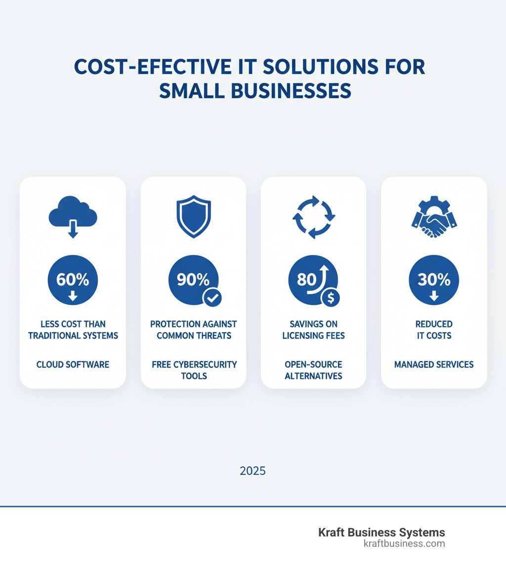 Infographic showing cost-effective IT solutions for small businesses including cloud software at 60% less cost than traditional systems, free cybersecurity tools that protect against 90% of common threats, open-source alternatives saving up to 80% on licensing fees, and managed services reducing IT costs by 30% compared to in-house teams - it solutions for small business infographic Infographic showing cost-effective IT solutions for small businesses including cloud software at 60% less cost than traditional systems, free cybersecurity tools that protect against 90% of common threats, open-source alternatives saving up to 80% on licensing fees, and managed services reducing IT costs by 30% compared to in-house teams - it solutions for small business infographic
