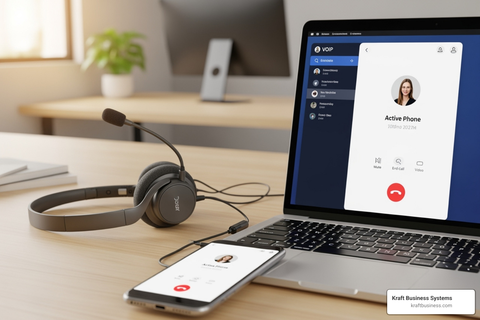 A modern image showing a VoIP softphone application on a laptop screen with a headset, alongside a smartphone displaying a similar call interface, indicating seamless integration across devices. - internet phone service