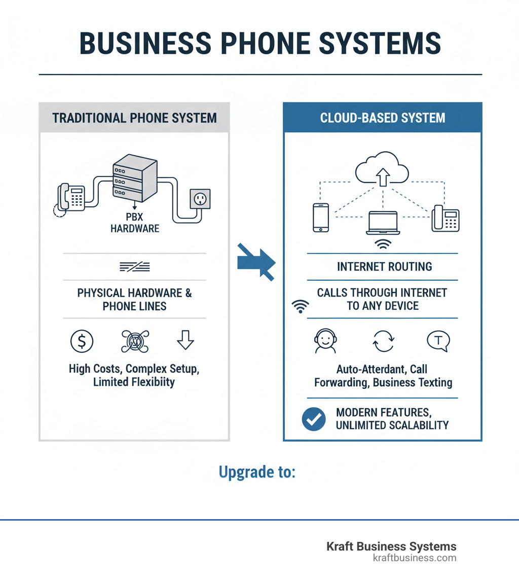 Virtual phone system comparison infographic showing traditional phone system with physical hardware and phone lines versus cloud-based system routing calls through internet to smartphones, computers, and desk phones with features like auto-attendant, call forwarding, and business texting - virtual office phone system infographic 