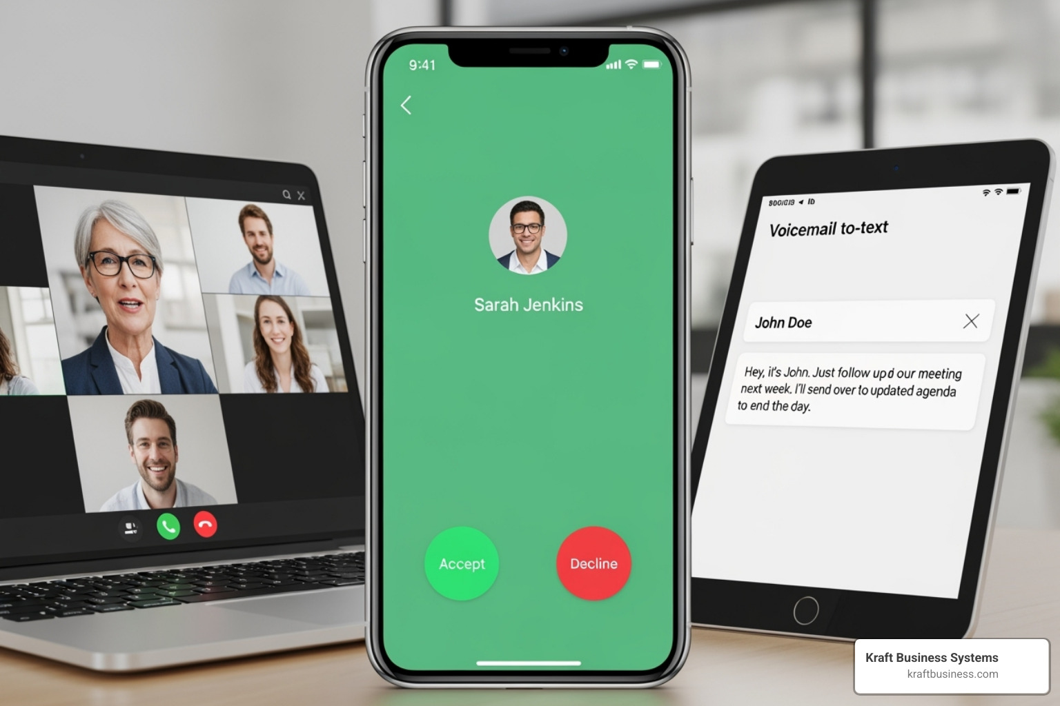Collage showcasing different virtual office phone system features like a mobile app interface, a video call, and a voicemail-to-text transcription - virtual office phone system