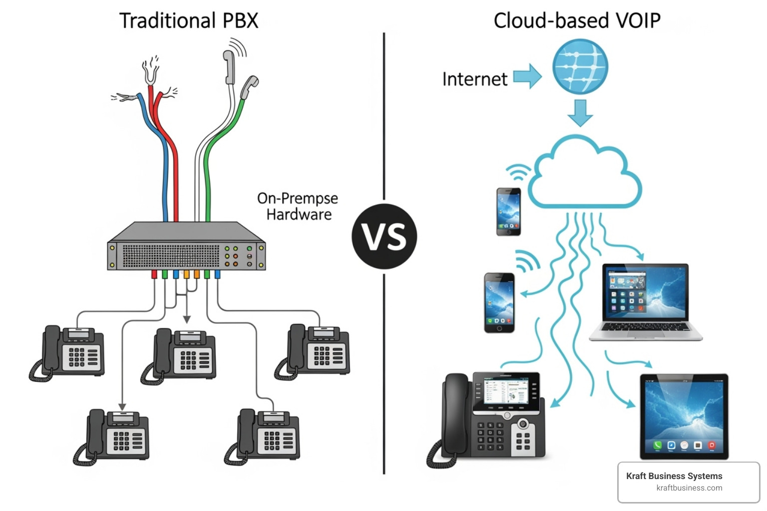 Diagram comparing a traditional PBX setup to a cloud-based VoIP system, showing physical lines and hardware vs. internet connection to cloud and various devices - virtual office phone system