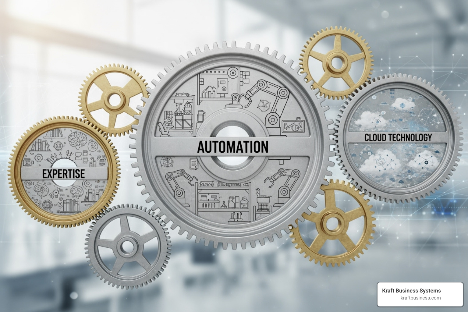 Interconnected gears labeled "Automation," "Expertise," and "Cloud," showing a streamlined compliance process - it compliance and certification services
