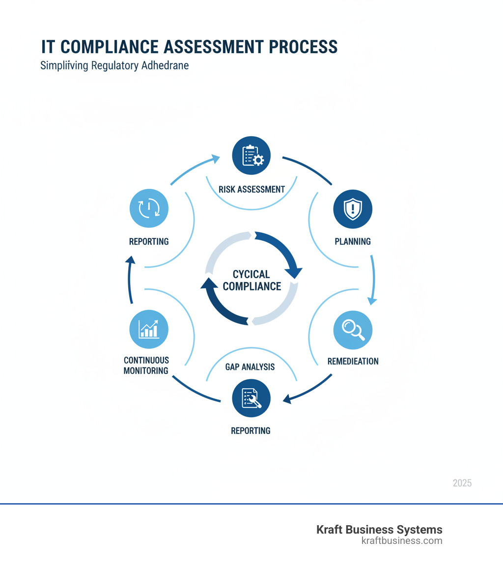 Detailed infographic showing the IT compliance assessment process flow, including planning phase, risk assessment, gap analysis, remediation planning, reporting, and continuous monitoring, with icons representing each step and arrows showing the cyclical nature of compliance - it compliance assessment infographic 