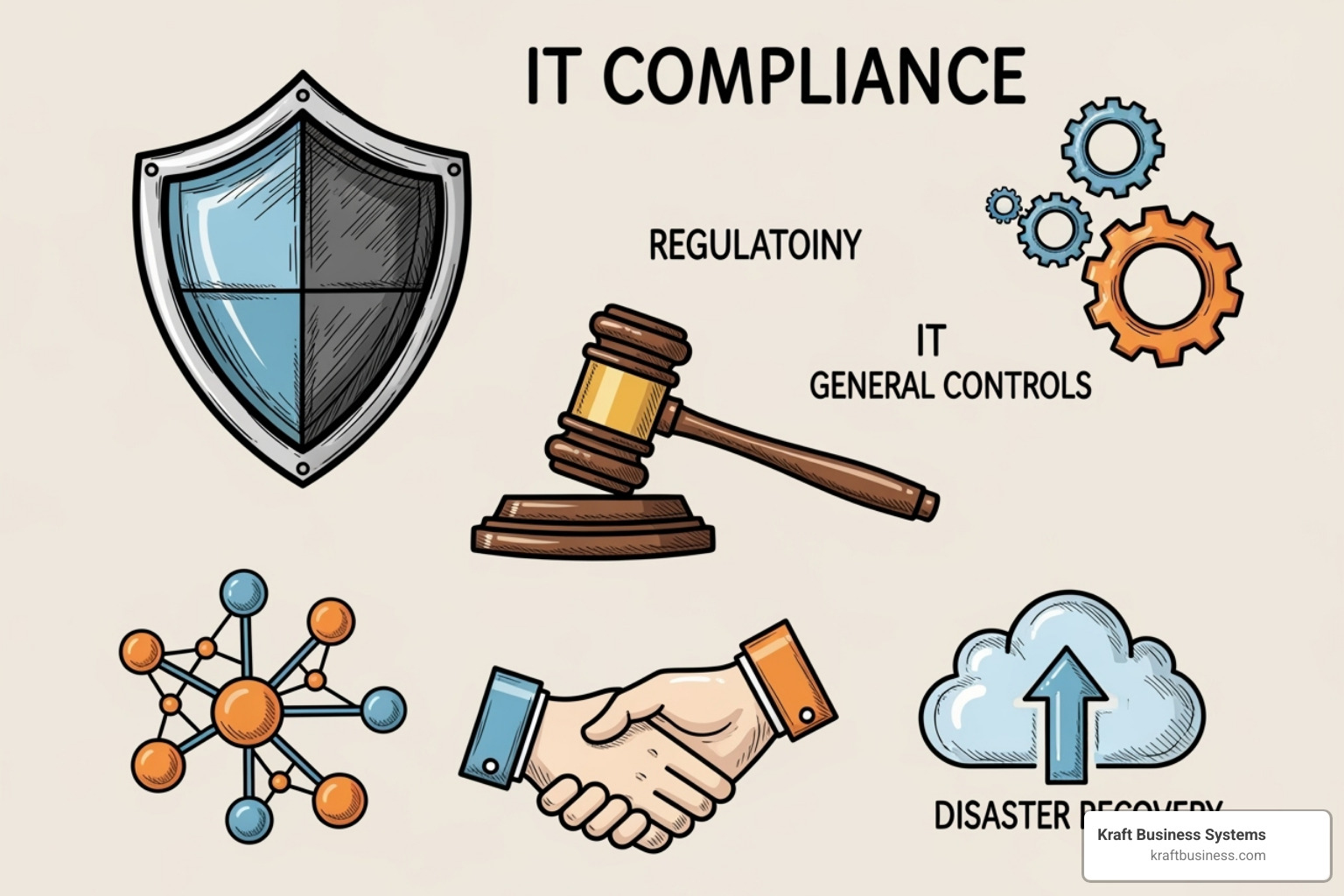 Icons representing various IT compliance audit types: ITGC, Cybersecurity, Regulatory, Governance, Third-Party Vendor, Disaster Recovery - it compliance assessment