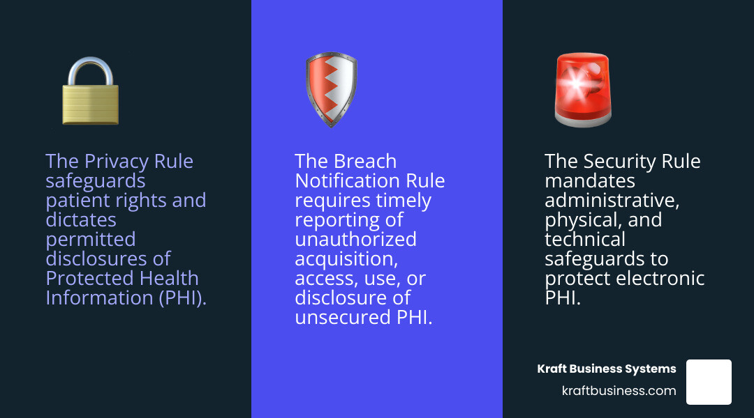 Infographic showing the three pillars of HIPAA compliance: Privacy Rule protecting patient rights and permitted disclosures, Security Rule covering administrative, physical, and technical safeguards, and Breach Notification Rule requiring timely reporting of incidents - it services for hipaa compliance infographic 3_facts_emoji_blue