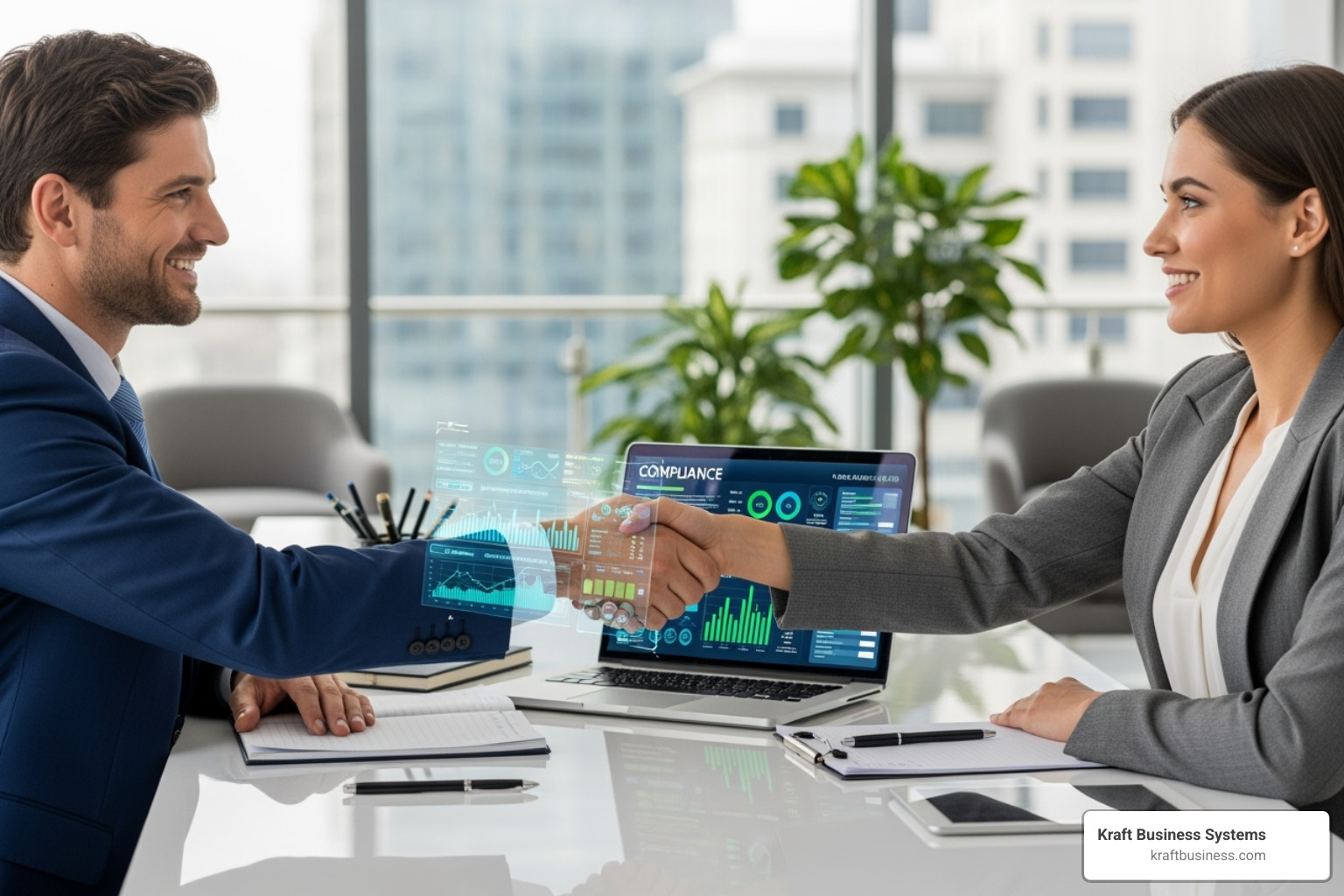 Two people shaking hands over a desk with a laptop showing a compliance dashboard, symbolizing a strong partnership for HIPAA compliance - it services for hipaa compliance