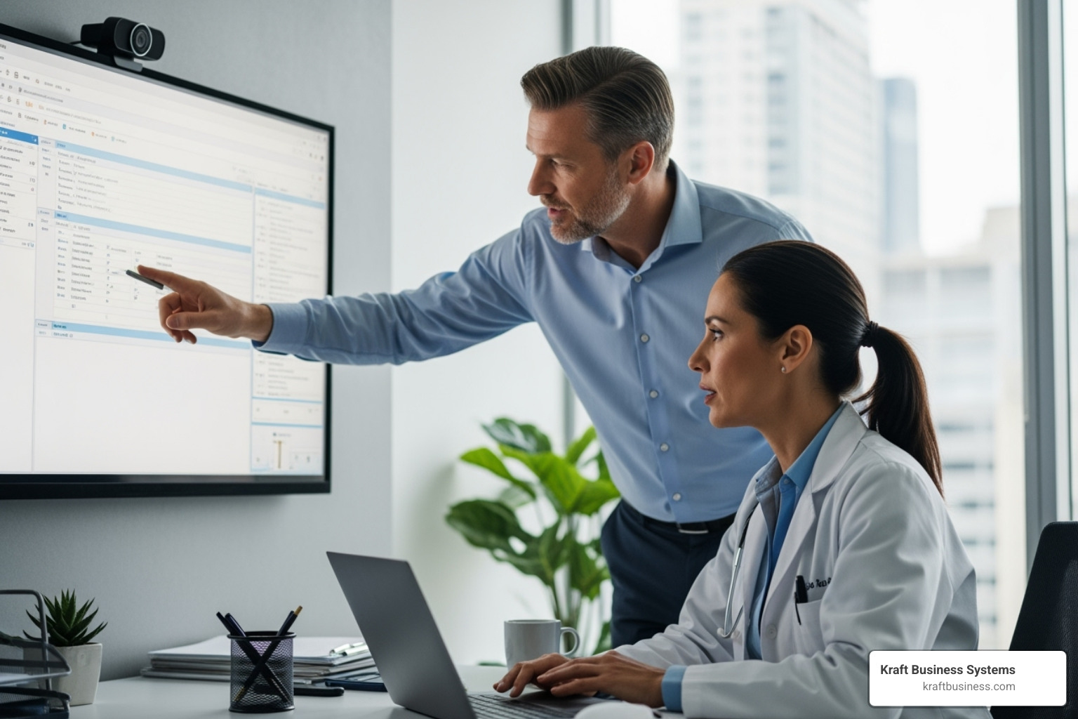 An IT professional consulting with a doctor in a modern office, showcasing collaborative IT support in healthcare - it services for hipaa compliance