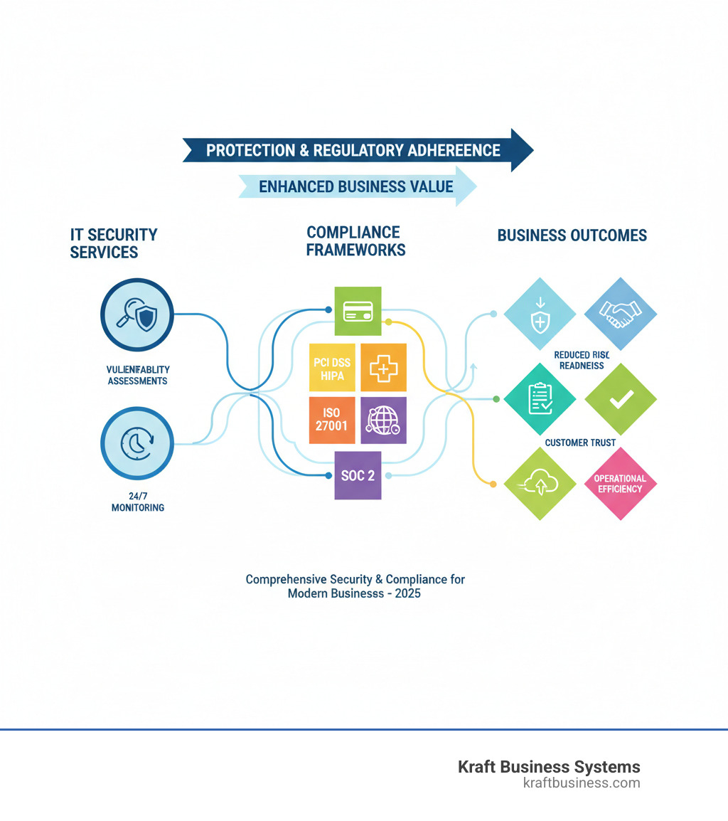 Comprehensive infographic showing the relationship between IT security services (vulnerability assessments, penetration testing, 24/7 monitoring), compliance frameworks (PCI DSS, HIPAA, ISO 27001, SOC 2), and business outcomes (reduced risk, audit readiness, customer trust, operational efficiency) - it security and compliance services infographic 