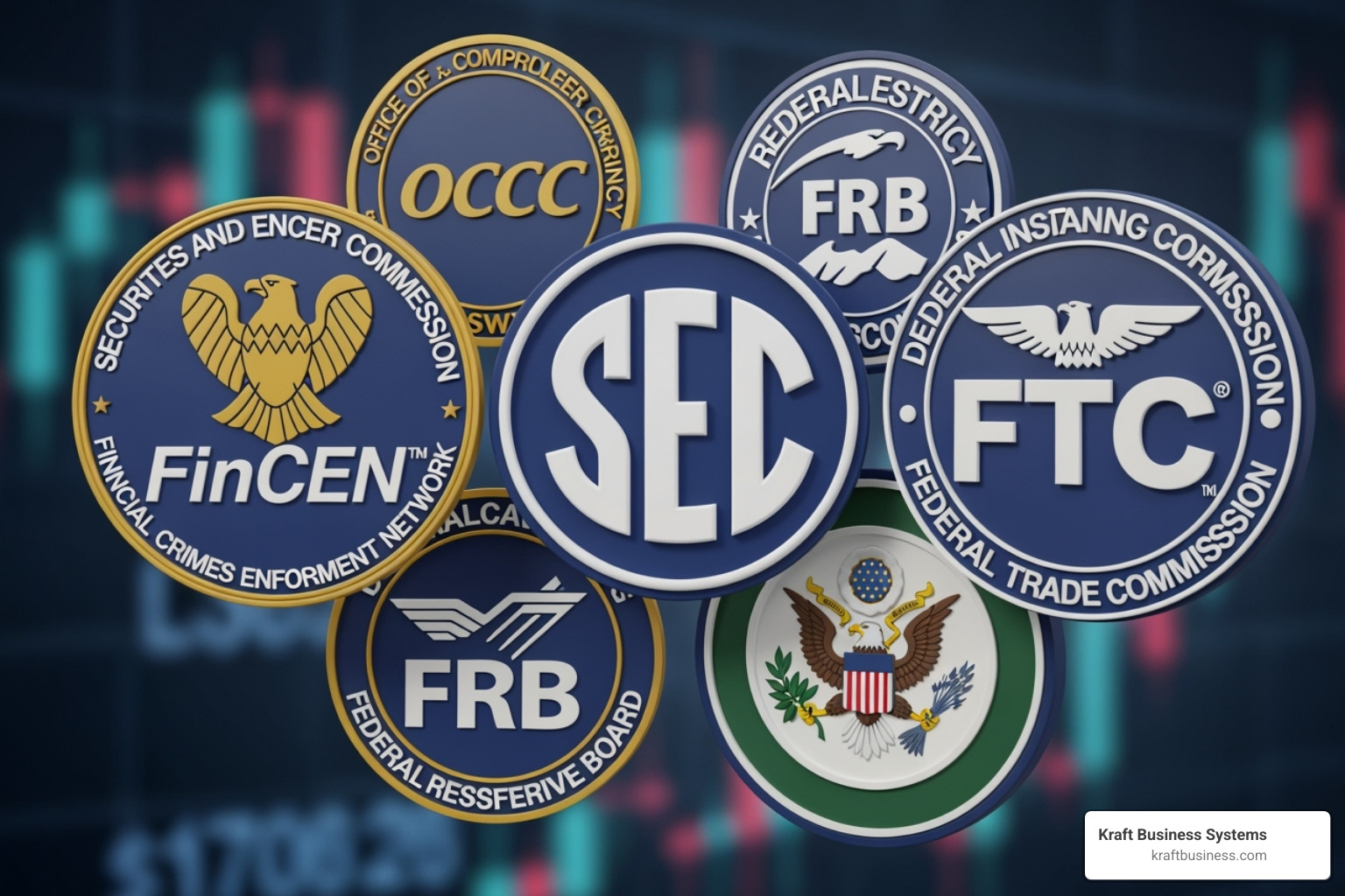 Collage of regulatory body logos like the SEC, FinCEN, and FTC - it compliance financial services