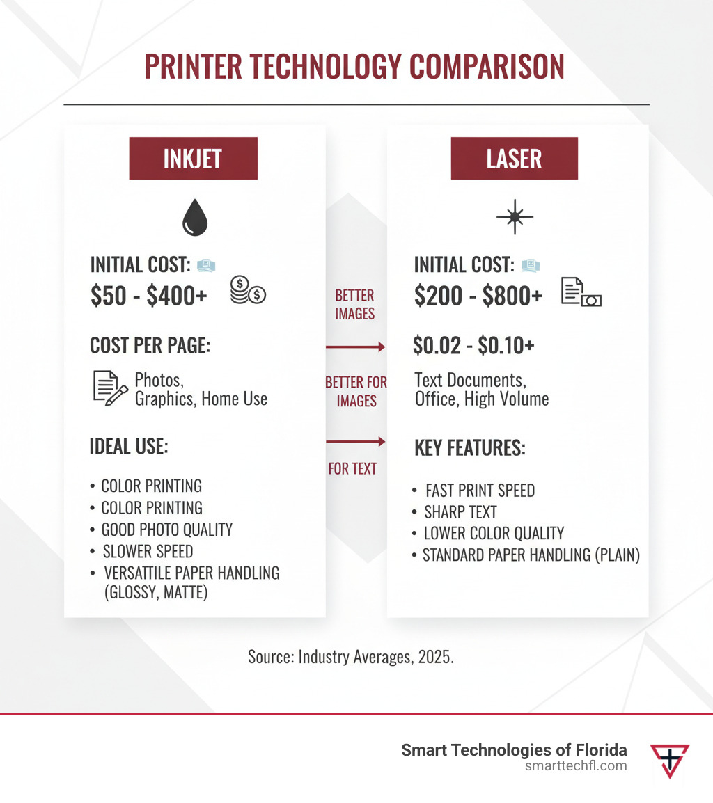 Comprehensive comparison infographic showing inkjet vs laser printer technology, including initial cost ranges, cost per page calculations, ideal use cases, and key features like print speed, photo quality, and paper handling capabilities - printer with photocopy price infographic 