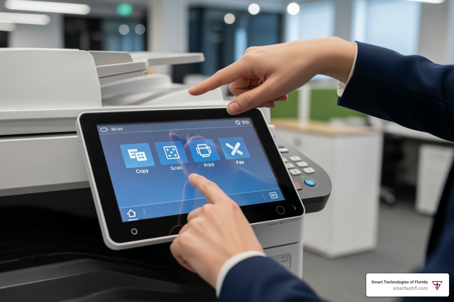 User interacting with a large, intuitive copier touchscreen - Daytona Beach copier solutions User interacting with a large, intuitive copier touchscreen - Daytona Beach copier solutions