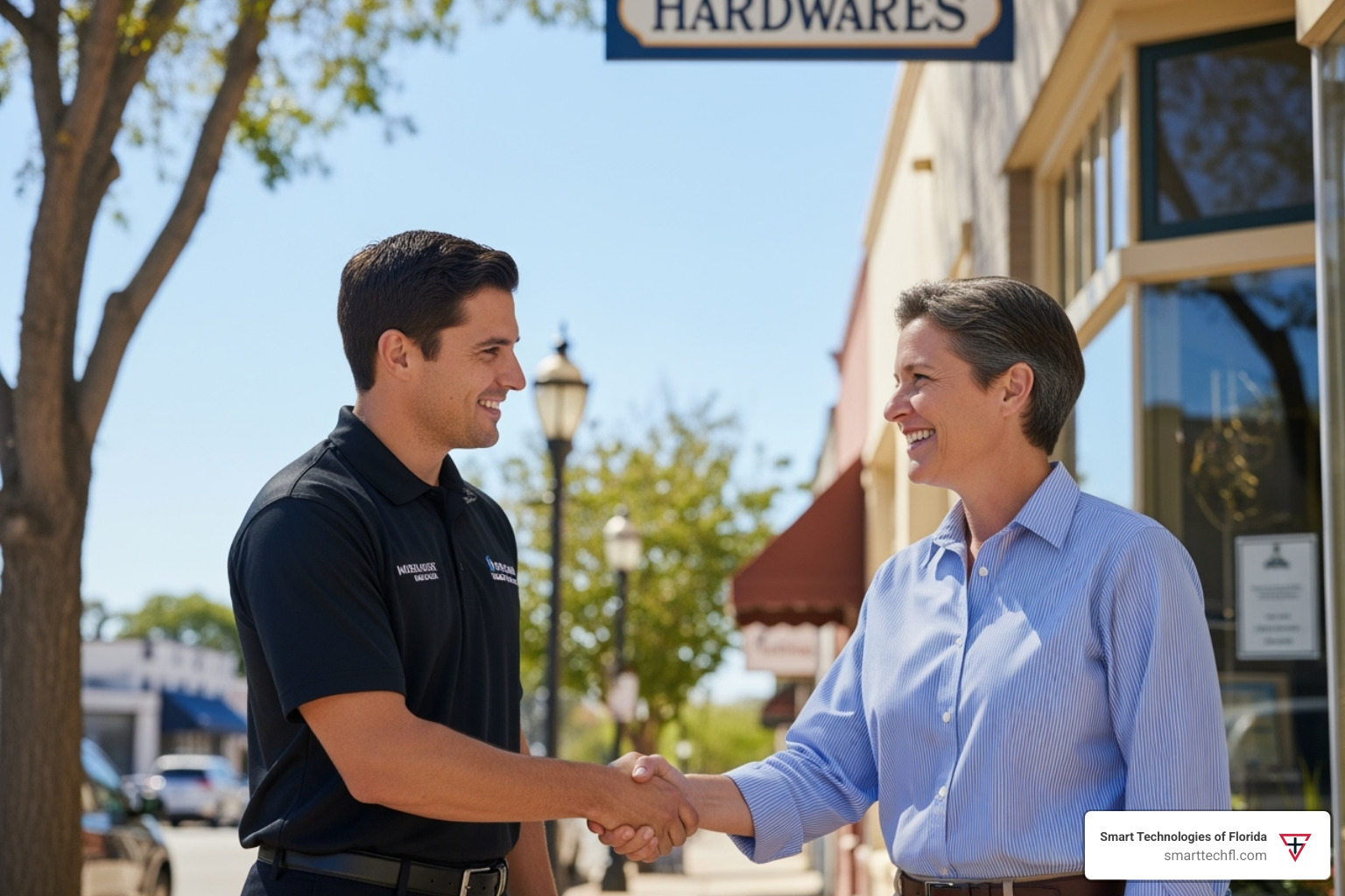 Friendly technician shaking hands with a satisfied small business owner in front of their shop - Daytona Beach copier solutions Friendly technician shaking hands with a satisfied small business owner in front of their shop - Daytona Beach copier solutions