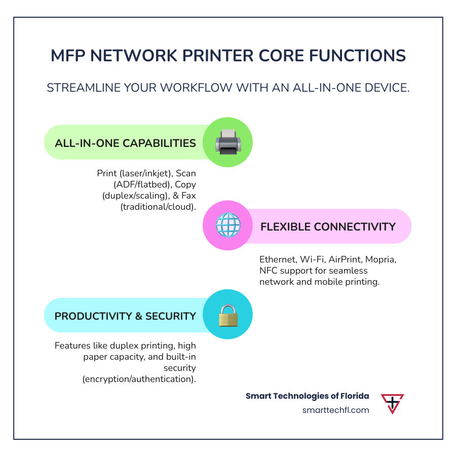 Comprehensive infographic showing MFP network printer core functions: Print (laser and inkjet options with speed ratings), Scan (document feeder and flatbed capabilities), Copy (duplex and scaling options), Fax (traditional and cloud-based), Network Connectivity (Ethernet, Wi-Fi, mobile printing), and Security Features (encryption and user authentication) - mfp network printer infographic infographic-line-3-steps-colors