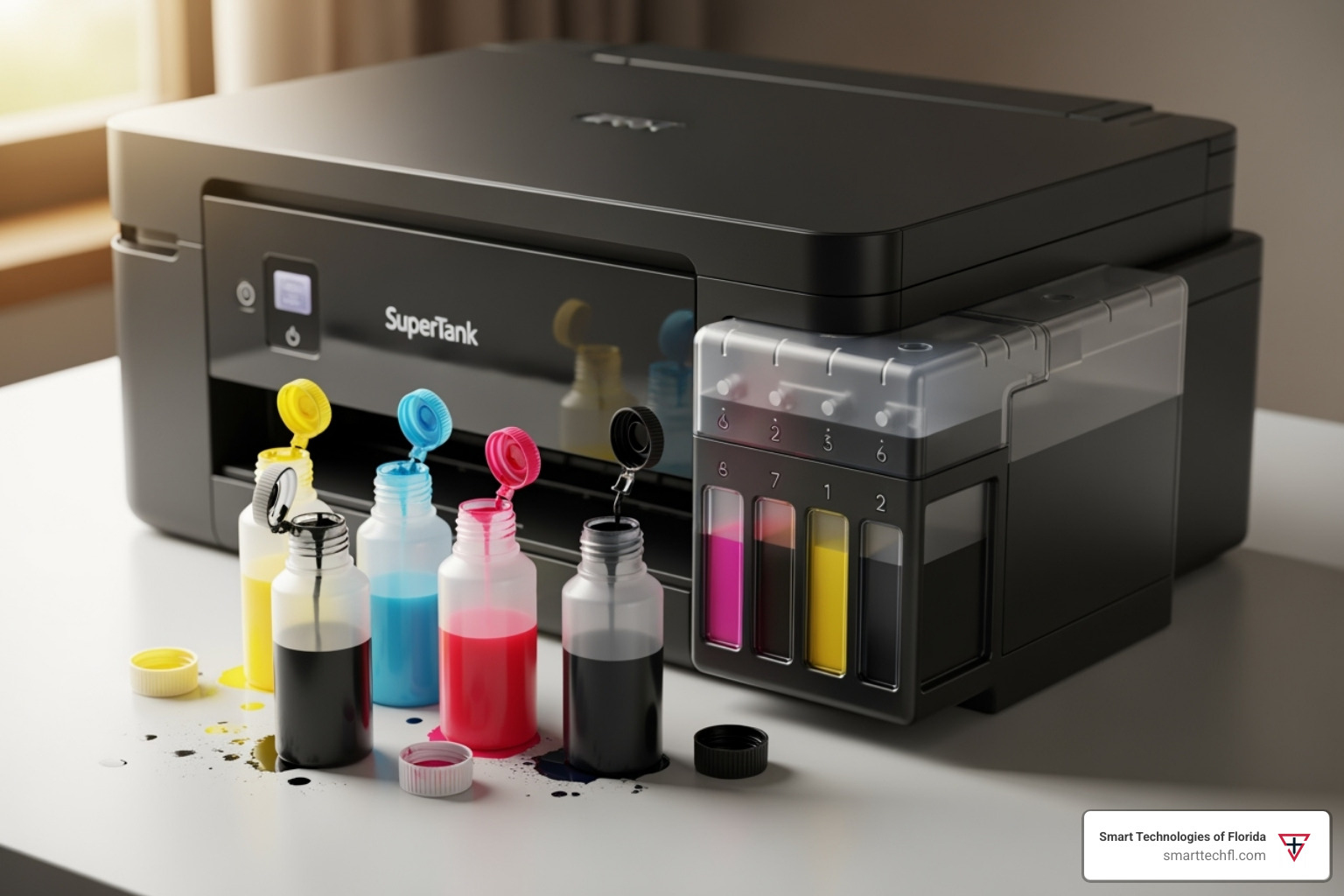 a supertank printer next to several small ink bottles, illustrating low-cost refills - printer with photocopy price