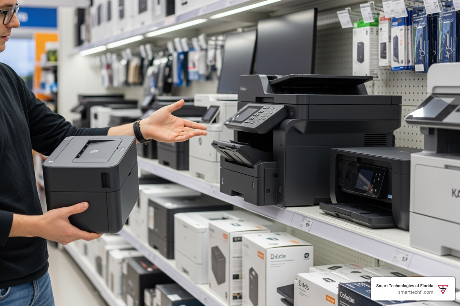 a person comparing two different-sized printers in a store aisle - printer with photocopy price