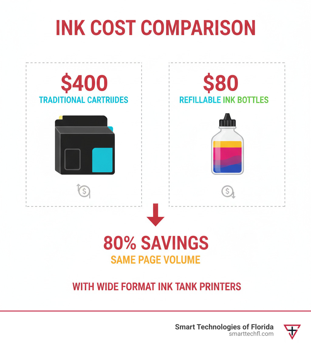 Cost comparison infographic showing traditional ink cartridges costing $400 annually versus refillable ink bottles costing $80 annually for the same page volume, highlighting 80% savings with wide format ink tank printers - wide format printer with refillable ink infographic 