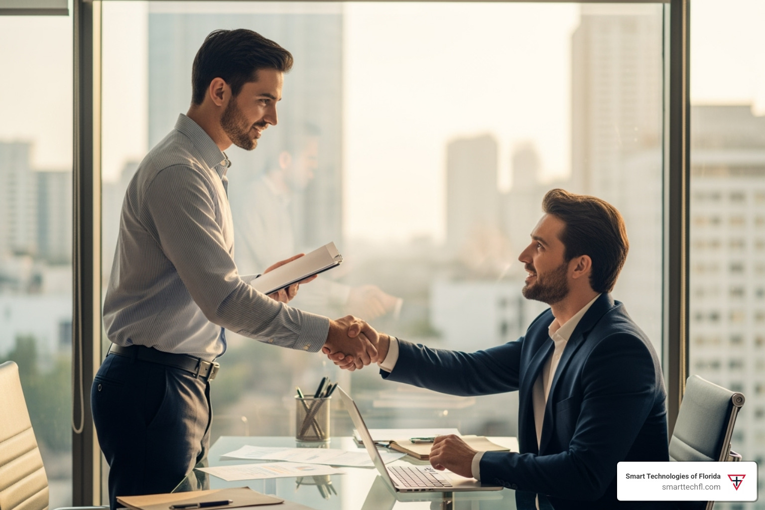 person confidently negotiating with vendor - commercial copier leasing