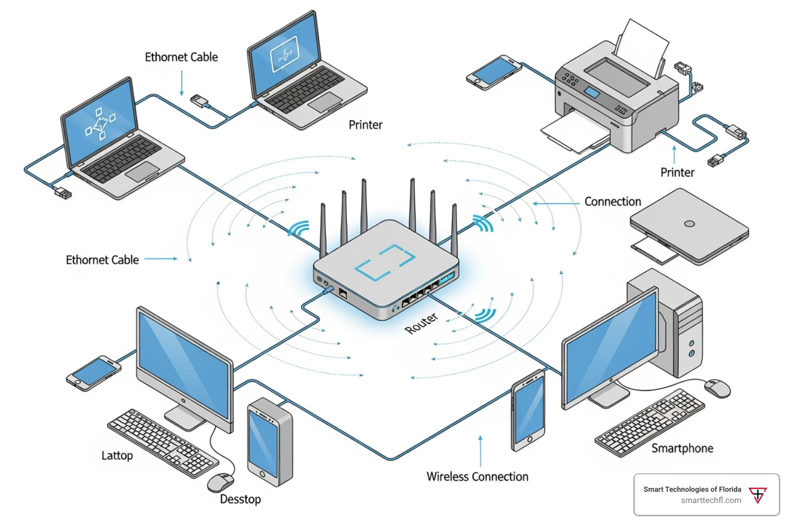 A network diagram showing a printer connected to a router and multiple devices - mfp network printer
