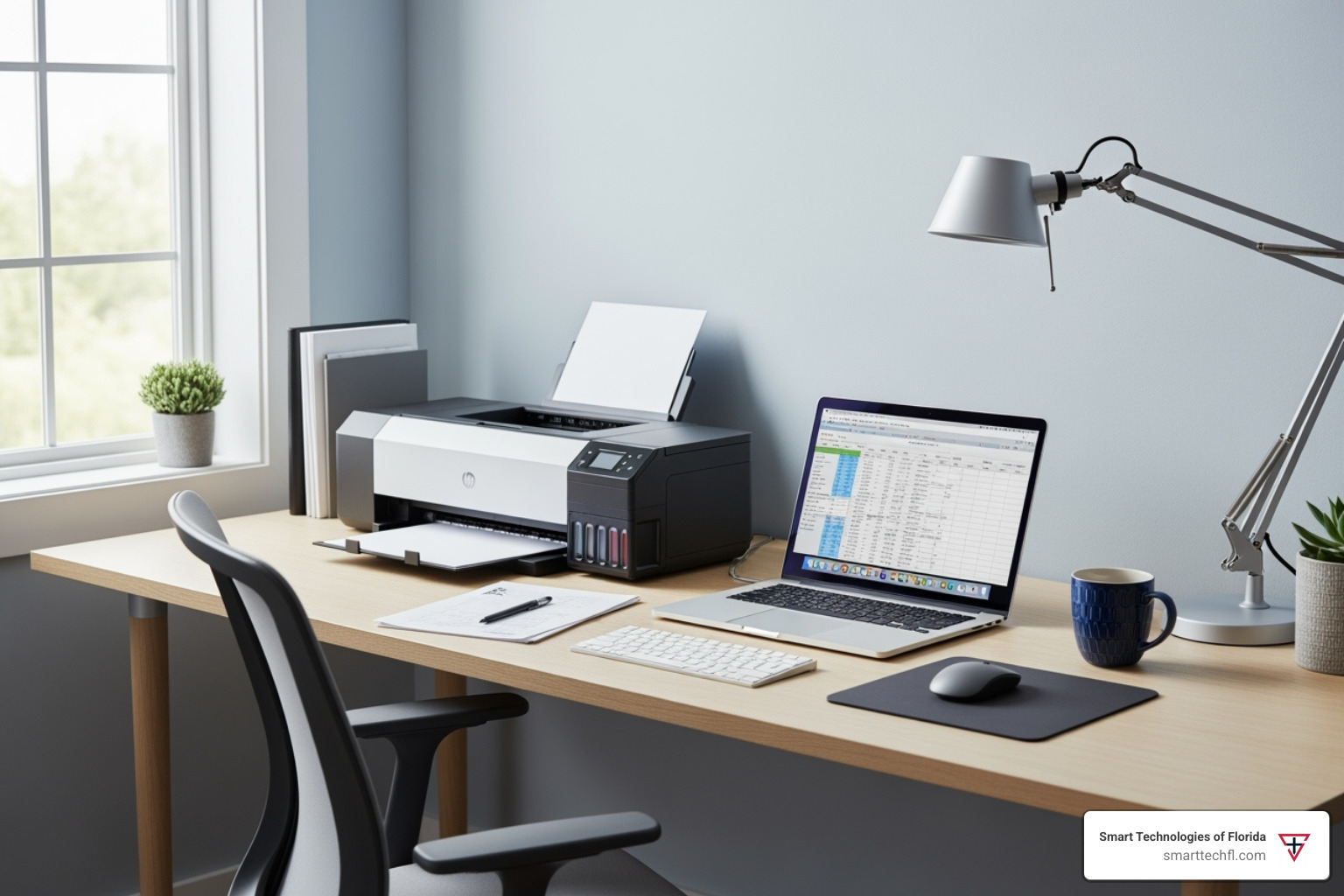home office setup featuring a wide-format ink tank printer on a desk - wide format printer with refillable ink