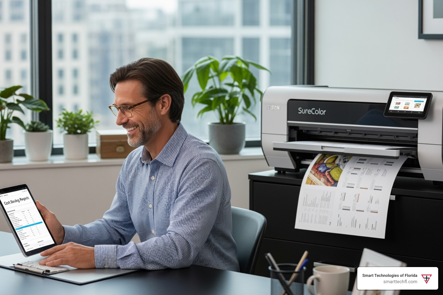 business owner smiling while looking at cost-saving reports on a tablet, with a wide-format printer in the background - wide format printer with refillable ink
