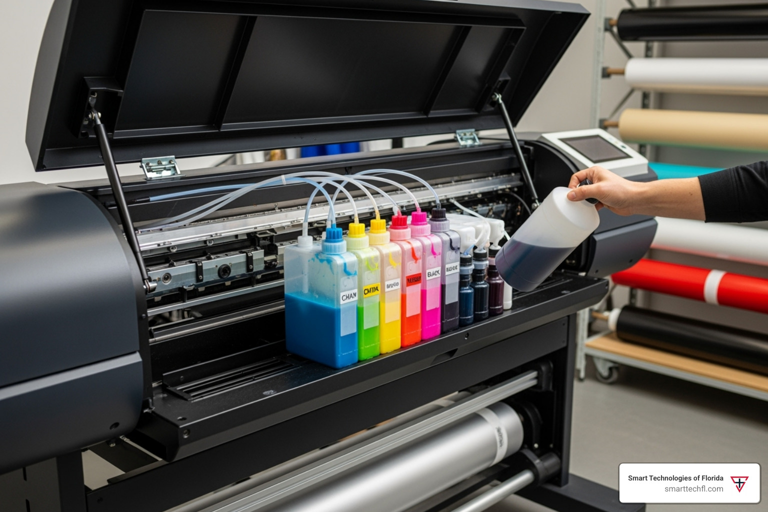 user comparing two different-sized papers, one tabloid (11x17) and one supertabloid (13x19) - wide format printer with refillable ink