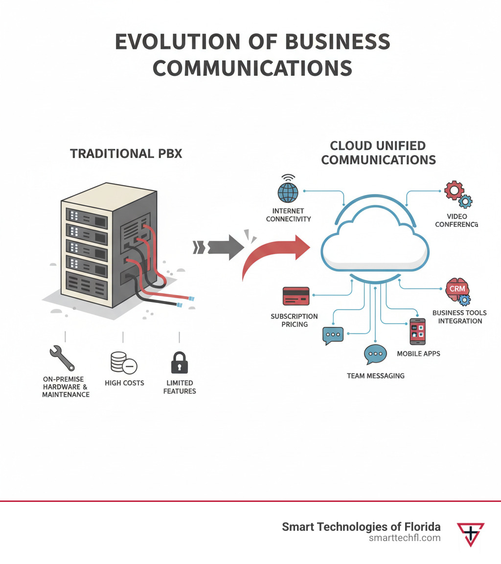 Infographic showing the evolution from traditional PBX phone systems with on-premise hardware, maintenance costs, and limited features to modern cloud-based unified communications with internet connectivity, subscription pricing, advanced features like video conferencing, team messaging, mobile apps, AI analytics, and seamless integration with business tools - cloud based business communications solutions infographic 