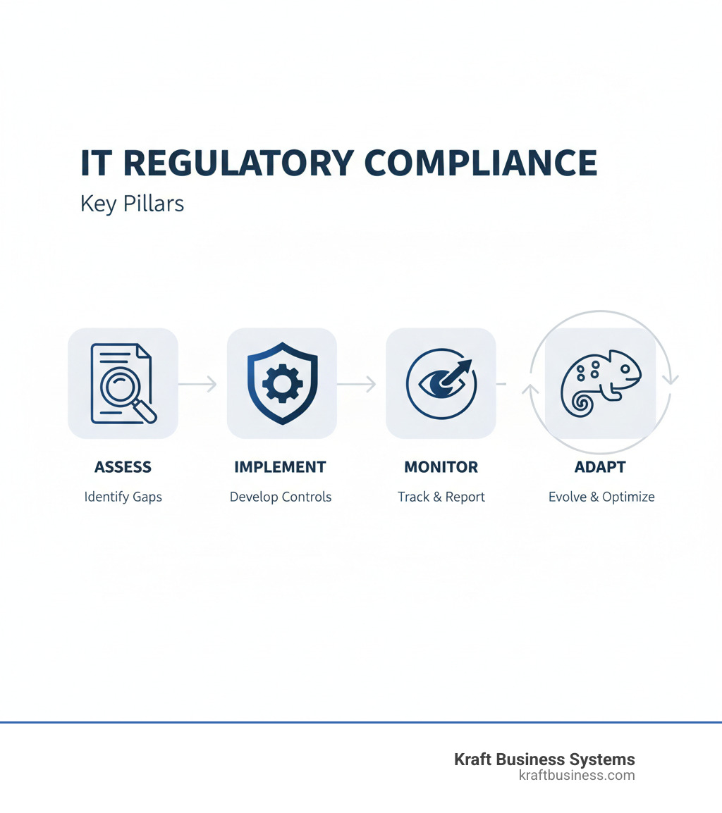 infographic explaining the key pillars of IT compliance: Assess, Implement, Monitor, and Adapt - it regulatory compliance services infographic 