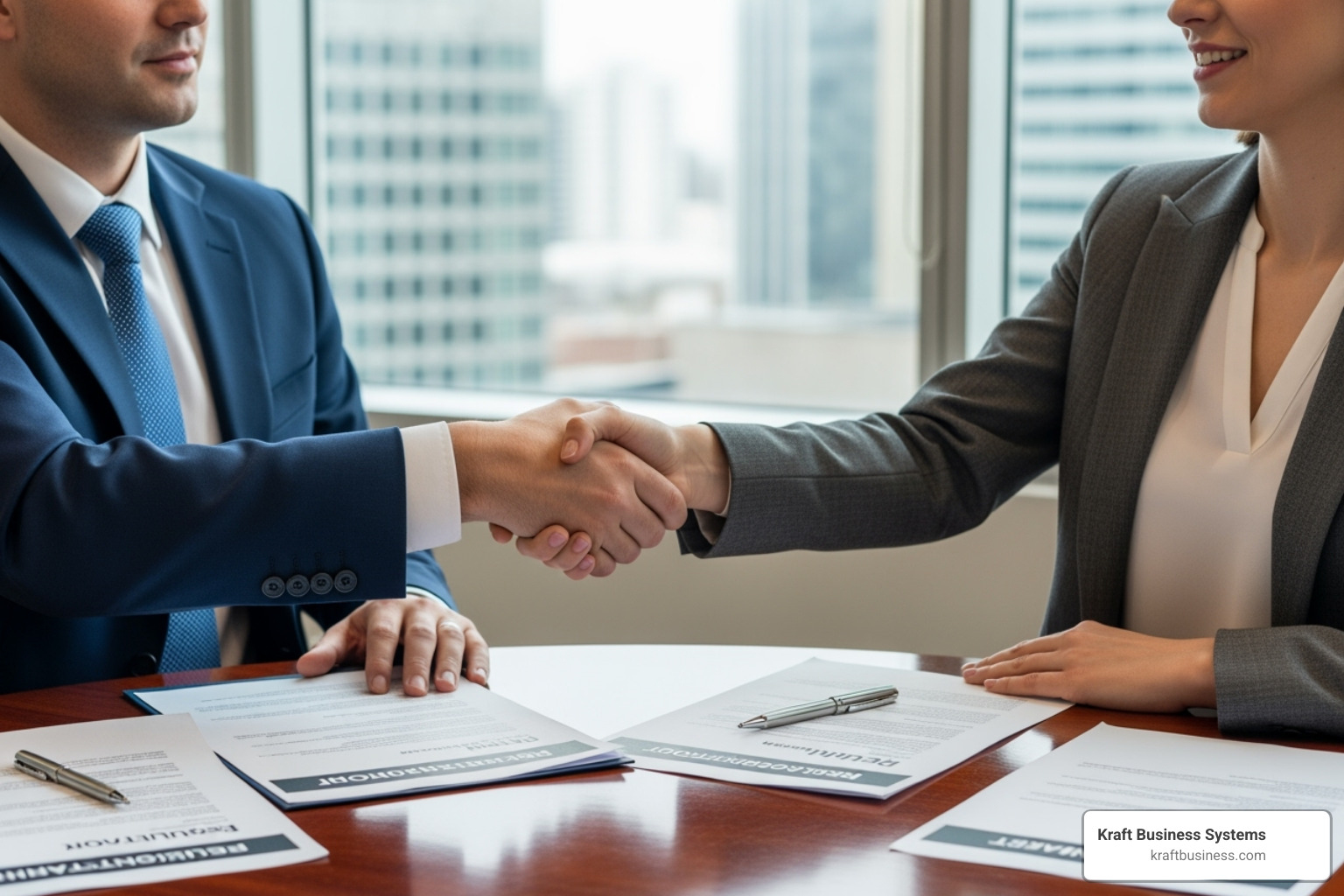 two people shaking hands over a desk with compliance documents - it regulatory compliance services