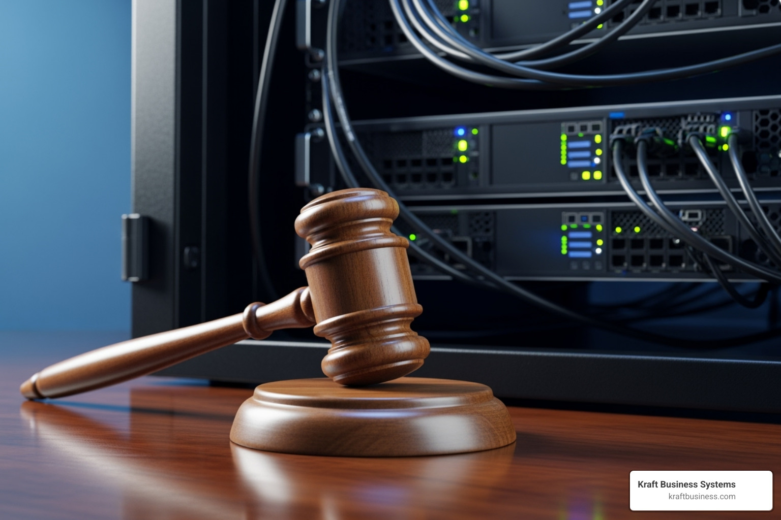 gavel next to a server rack, symbolizing legal penalties - it regulatory compliance services