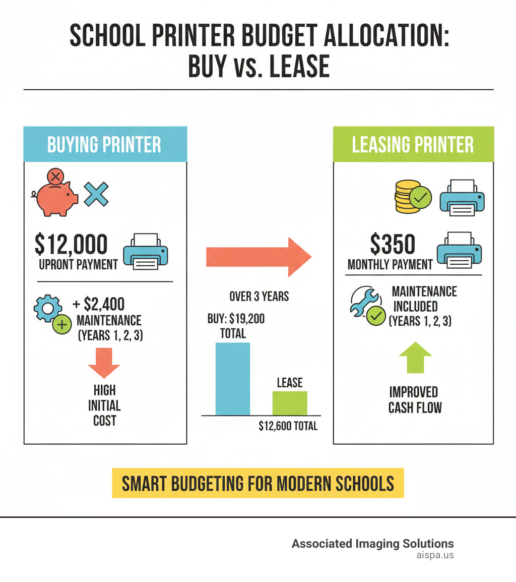 Infographic showing school budget allocation: buying a $12,000 printer requires full payment upfront plus $2,400 annual maintenance costs, while leasing the same printer costs $350 monthly with maintenance included, improving cash flow over 3 years - printer leasing for schools infographic 