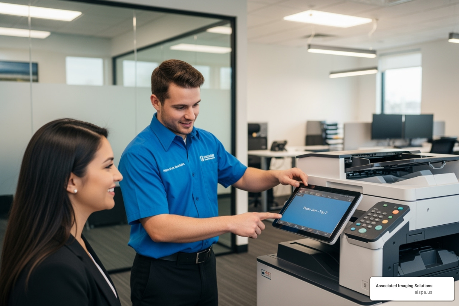 Friendly technician assisting a client in an office setting - Copier lease Carlisle PA