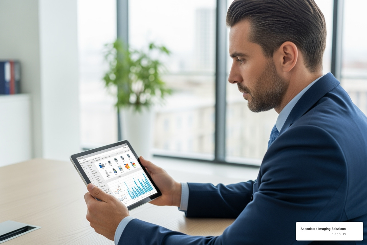 Person comparing different copier features on a tablet - Copier lease Carlisle PA