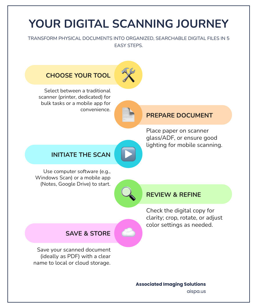 Infographic showing the journey from a physical paper document to a searchable, organized digital file on a computer and phone. - how to scan a paper infographic infographic-line-5-steps-colors