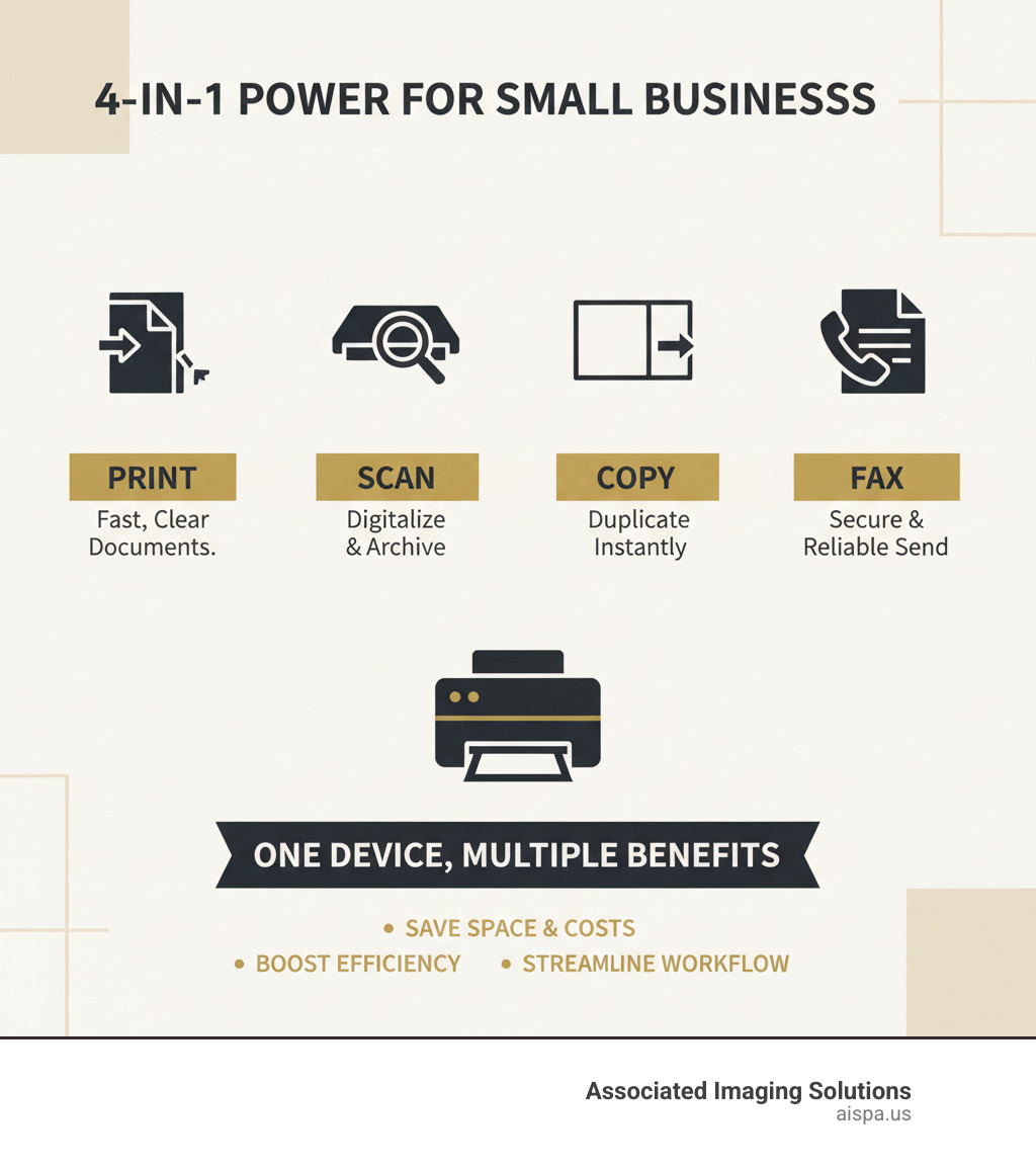 infographic explaining the 4-in-1 functions of a multifunction printer and their benefits for a small business. - multifunction laser printer with fax infographic 