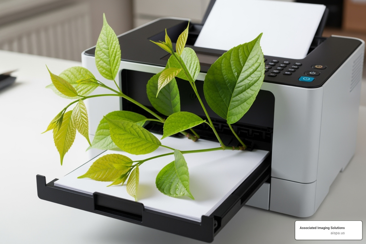 green leaves growing out of a printer, symbolizing eco-friendly printing - multifunction laser printer with fax