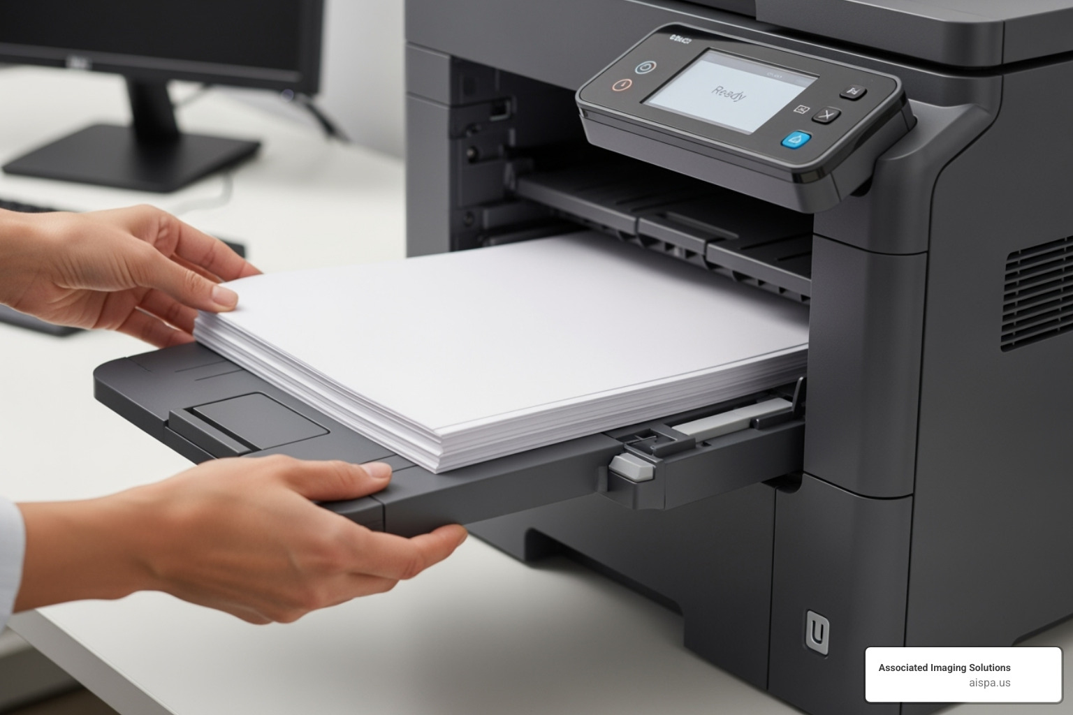 user placing a stack of documents into an Automatic Document Feeder (ADF) - multifunction laser printer with fax