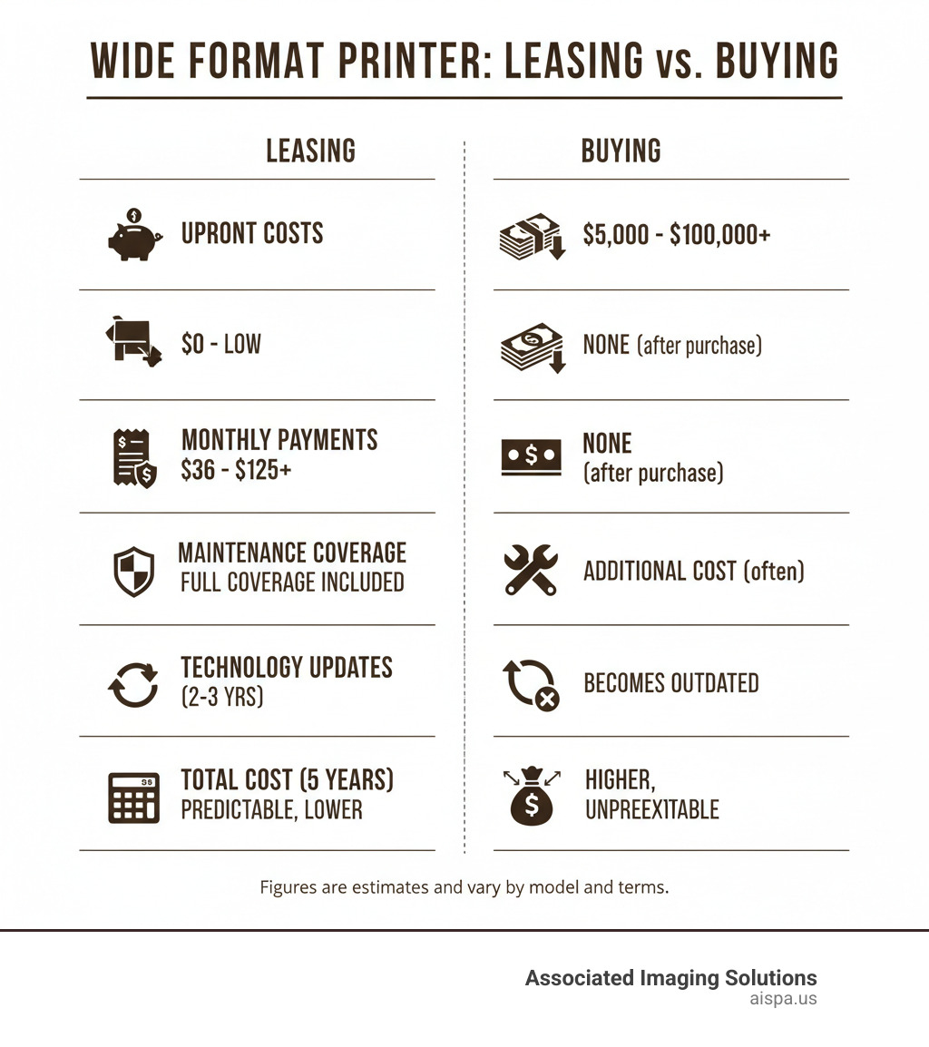 Infographic showing comparison between leasing vs buying wide format printers, including upfront costs, monthly payments, maintenance coverage, technology updates, and total cost of ownership over 5 years - wide format printer leasing infographic Infographic showing comparison between leasing vs buying wide format printers, including upfront costs, monthly payments, maintenance coverage, technology updates, and total cost of ownership over 5 years - wide format printer leasing infographic