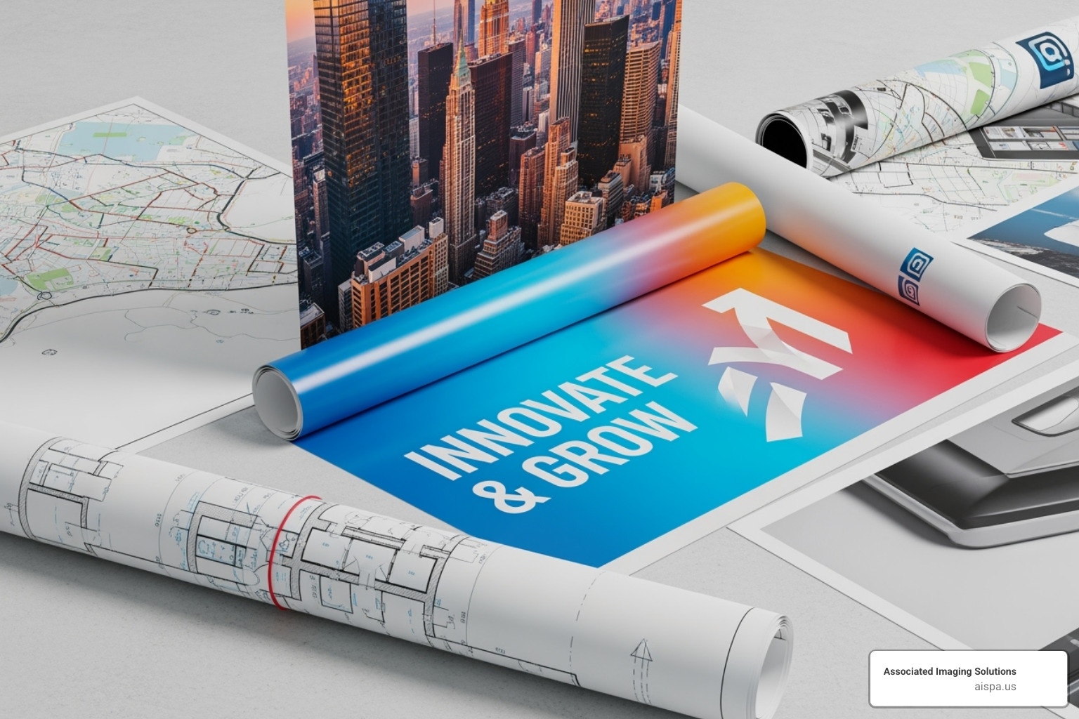 various wide format print outputs like blueprints, a marketing banner, and a wall graphic - wide format printer leasing various wide format print outputs like blueprints, a marketing banner, and a wall graphic - wide format printer leasing