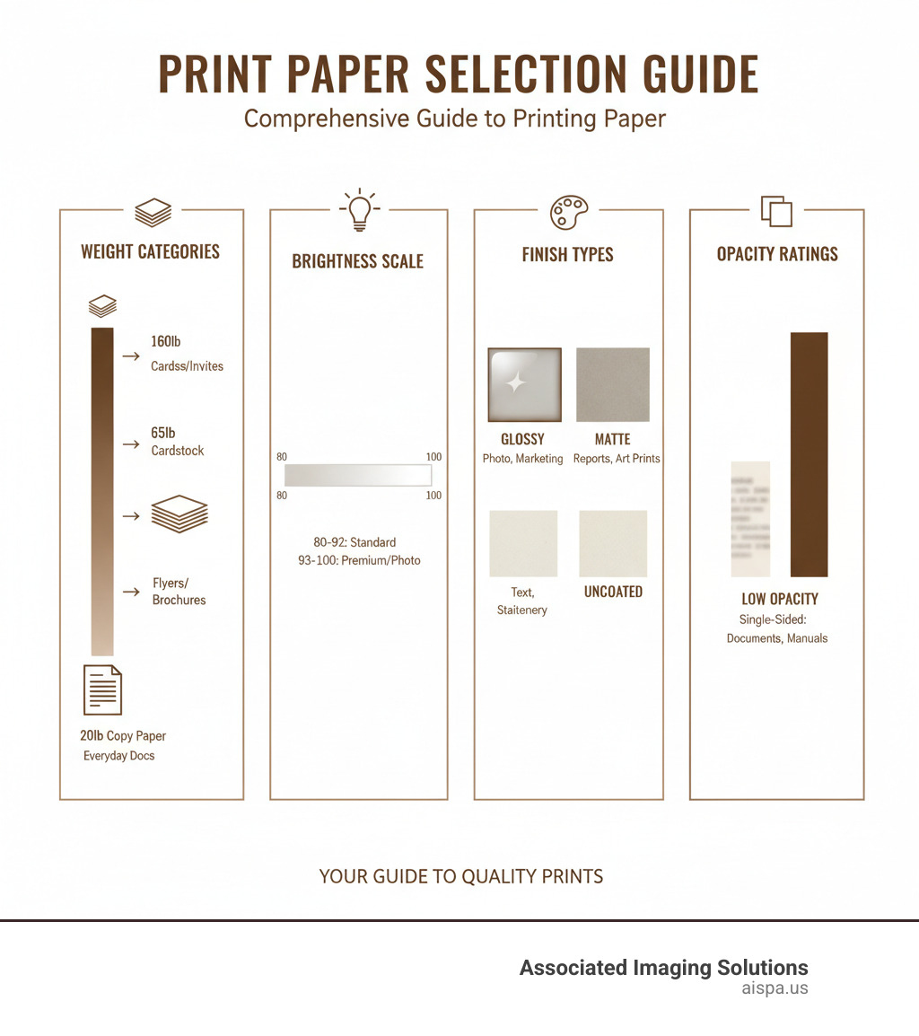 Comprehensive guide to printing paper selection showing paper weight categories from 20lb copy paper to 160lb cardstock, brightness scales from 80-100, finish types including glossy matte and uncoated, and opacity ratings for single vs double-sided printing with specific use cases for each category - types of paper for printing infographic 