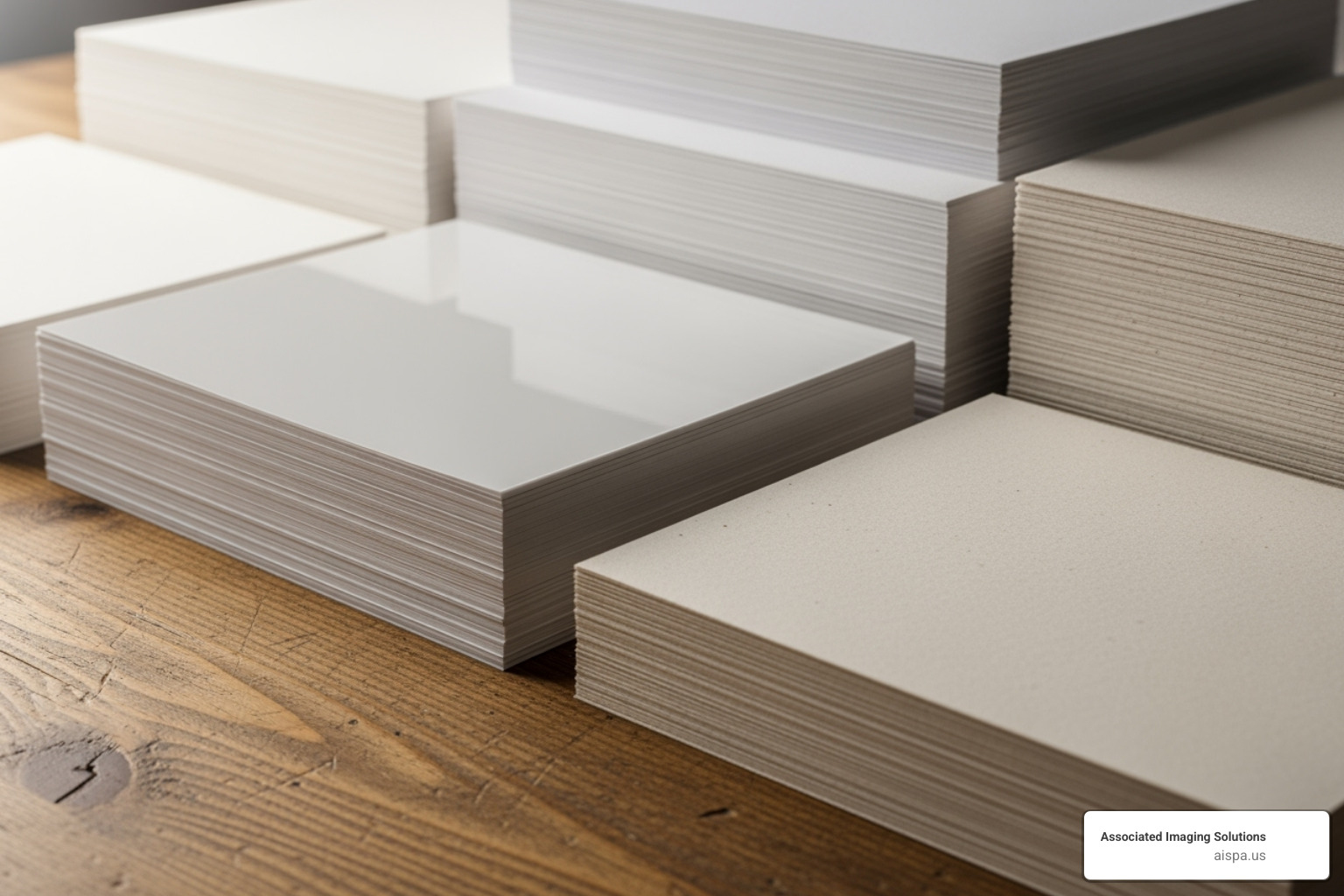 different paper stacks labeled with their type - types of paper for printing