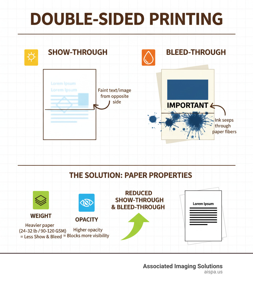 Infographic comparing show-through and bleed-through in double-sided printing. Show-through is depicted as faint text or images visible from the opposite side due to paper transparency. Bleed-through is shown as ink visibly seeping through the paper fibers to the other side, often with color or dark areas. The infographic illustrates how different paper properties, like weight and opacity, impact these issues, highlighting that heavier, more opaque paper reduces both. - best type of paper for double sided printing infographic 