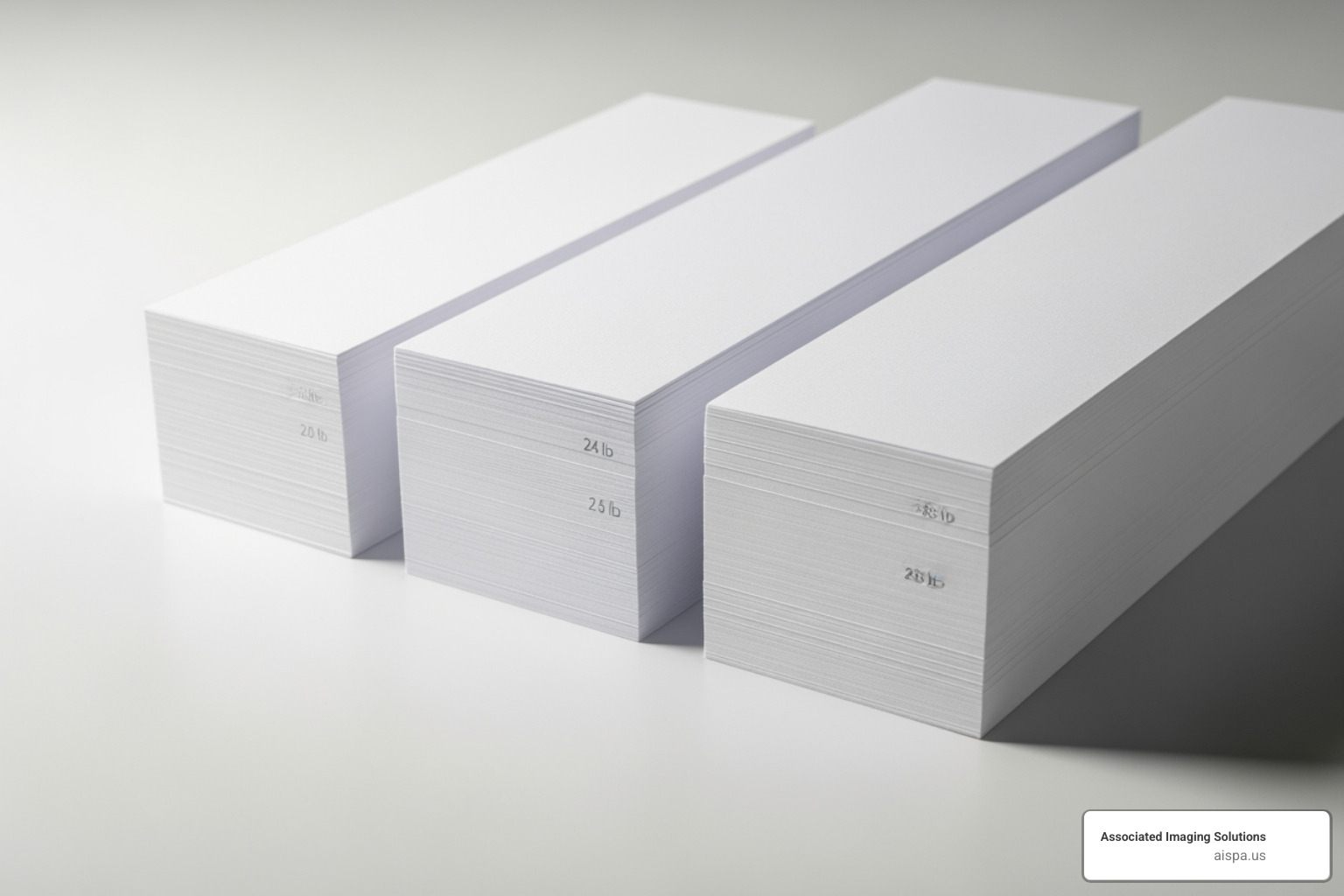 Comparison of the thickness of a 20 lb, 24 lb, and 28 lb sheet of paper, visually demonstrating the increasing heft. - best type of paper for double sided printing