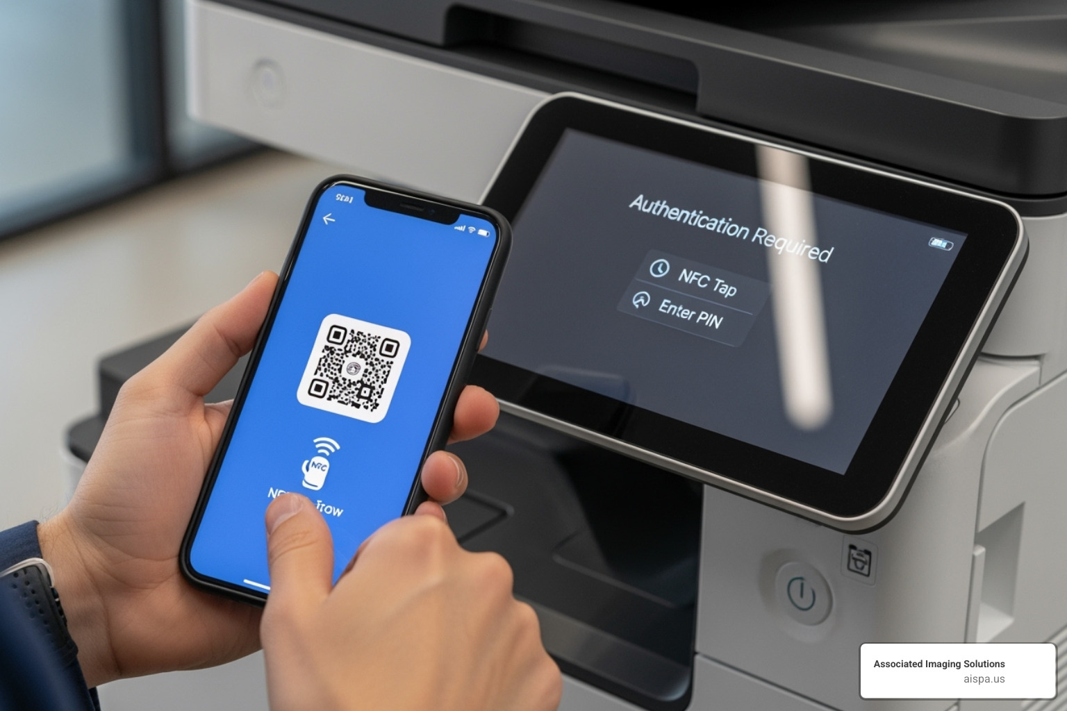 user authenticating at a printer with a mobile phone - Printer management solutions