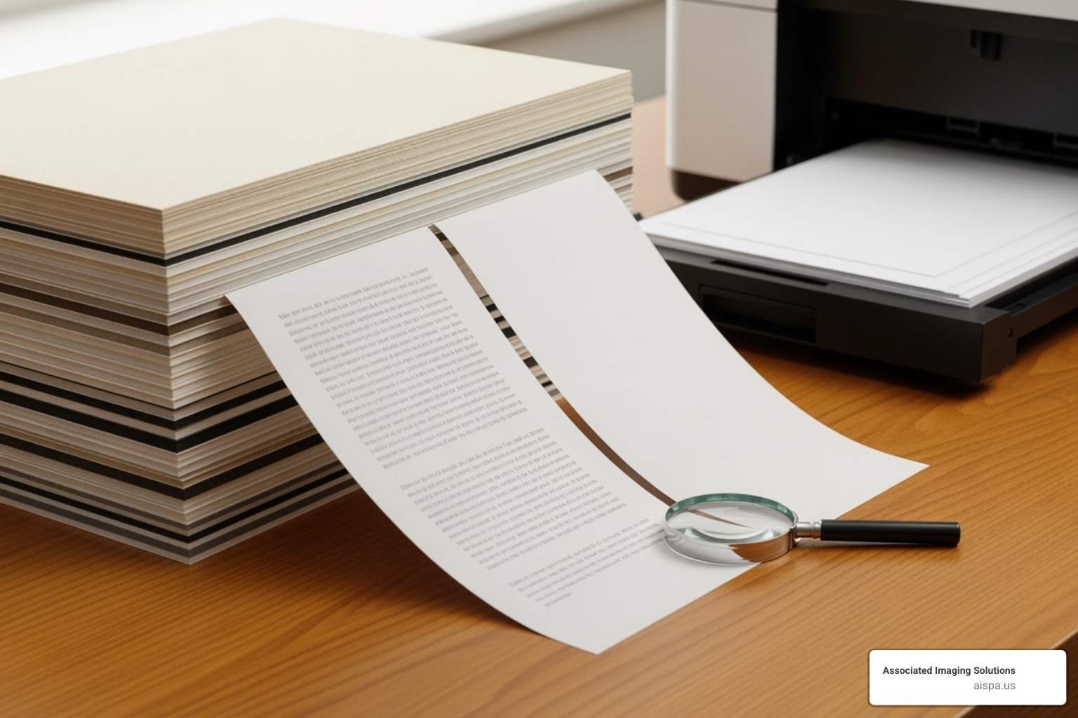 A hand holding a 20 lb paper sheet up to a light, clearly showing text from the other side due to transparency. - best type of paper for double sided printing
