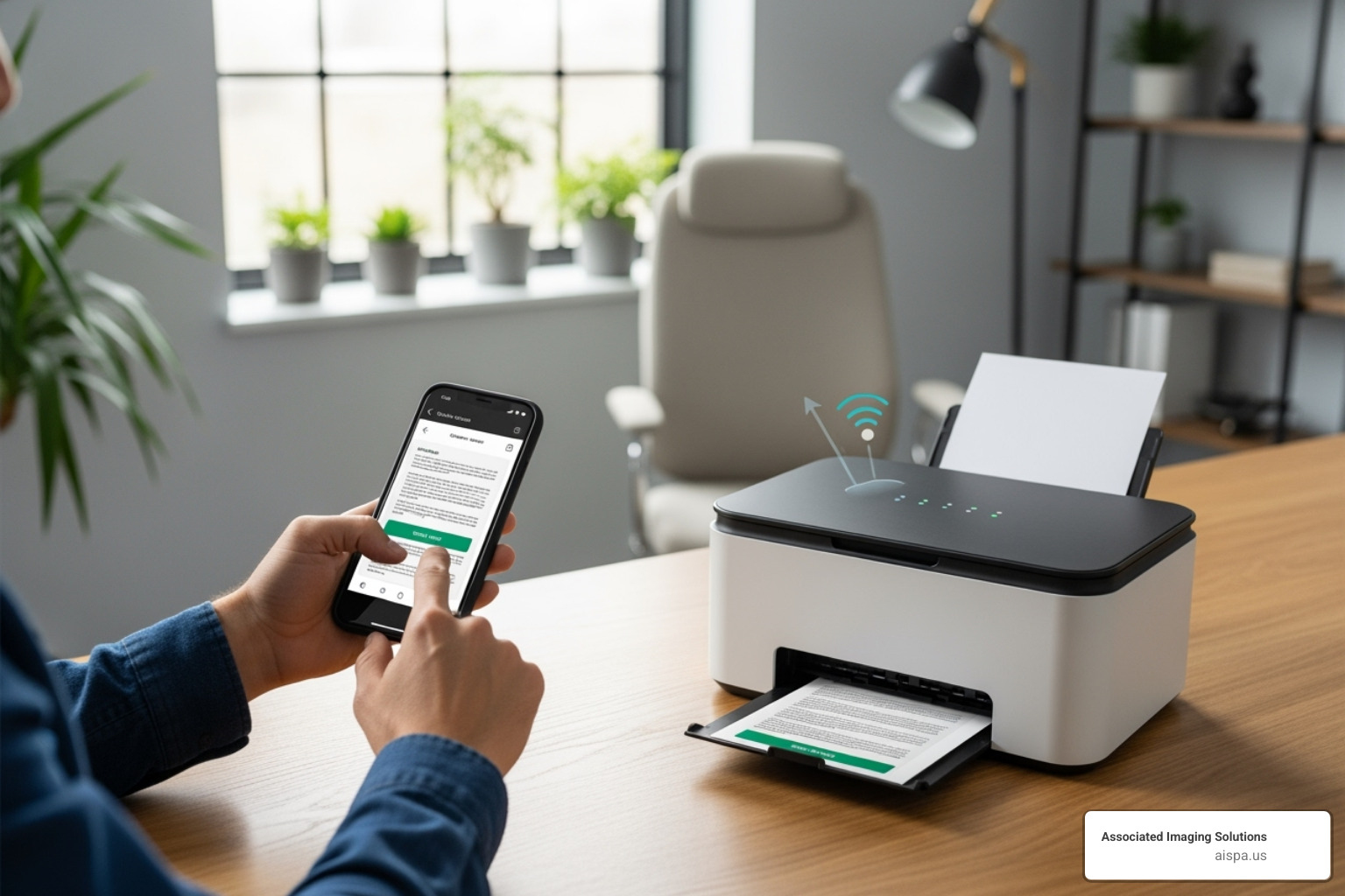 person printing from their smartphone to a wireless printer - print scan copy fax printer